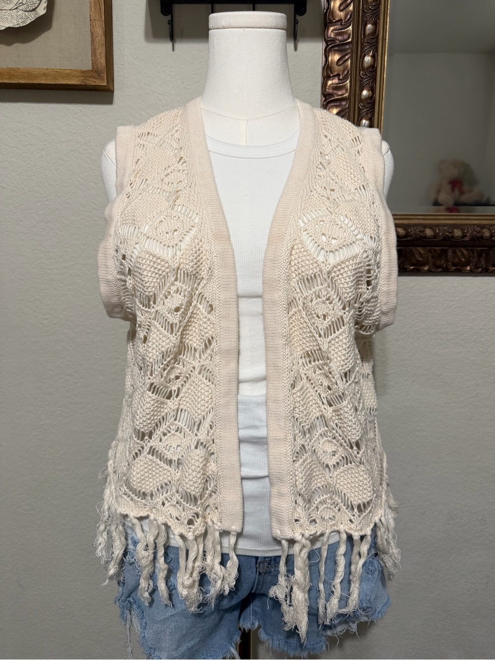 torrid Cream Crochet Fringe Vest